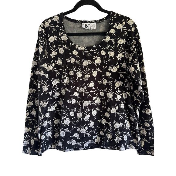 Vintage 90s JRT by Newport News Cotton Velour Floral Top Size L Black/White - Picture 1 of 7